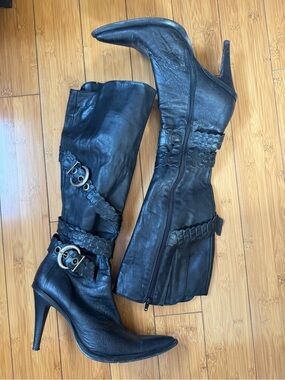 Women's Black Leather High-Heel Buckle Knee Boots
